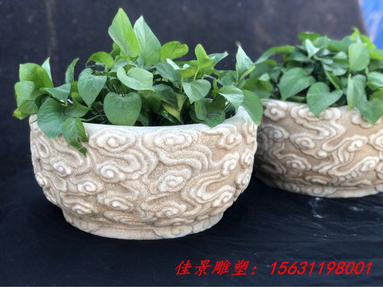 仿古汉白玉祥云花盆雕塑四狮同堂花盆石雕 (3)