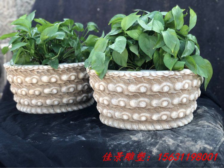 仿古汉白玉祥云花盆雕塑四狮同堂花盆石雕 (4)