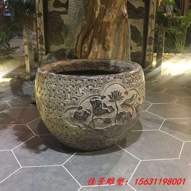仿古青石水缸雕塑鱼戏荷花庭院景观石雕摆件 (5)