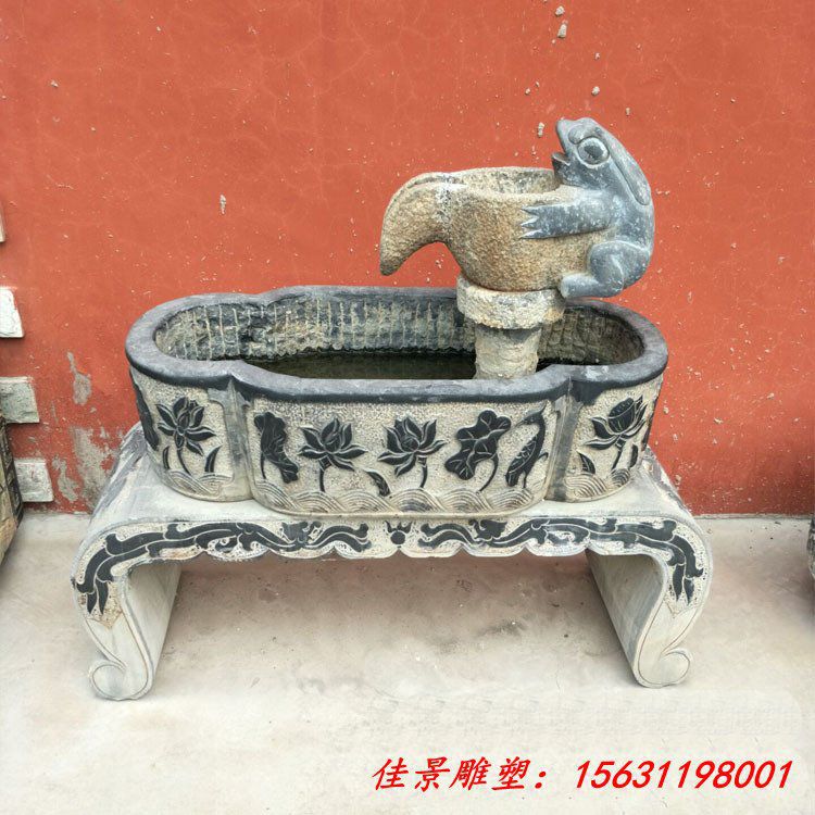 仿古石雕花盆鱼缸雕塑青石青蛙鱼缸流水摆件 (3)