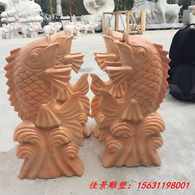 供应晚霞红石雕喷水鱼 大理石石头鲤鱼喷水鱼 户外庭院别墅流水招财摆件 (4)