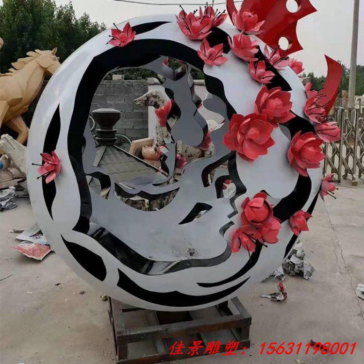 不锈钢海棠花球金属镂空球雕塑现代大型商场户外摆件定制园林景观 (2)