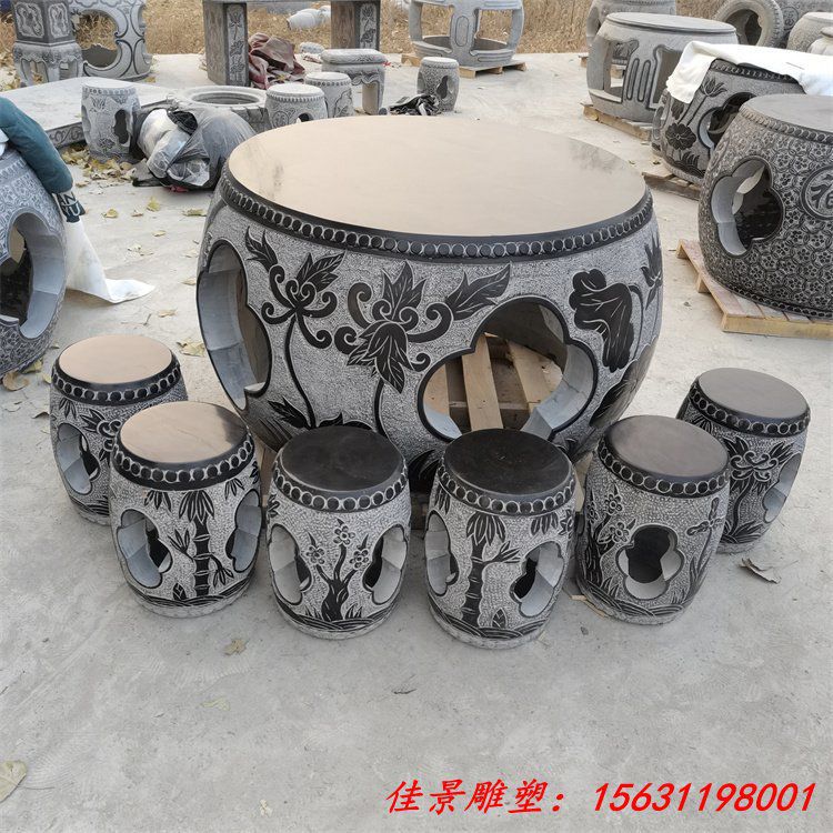 大理石仿古庭院小区石桌石凳 多种图案雕刻 (4)