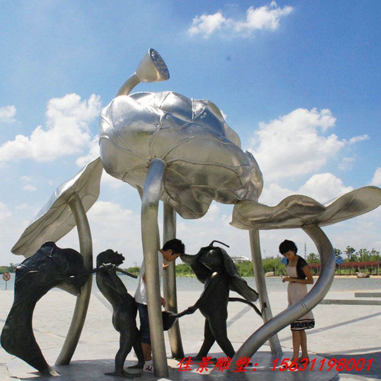 大型不锈钢蘑菇镂空发光荷花雕塑 城市喷泉园林装饰摆件 (1)