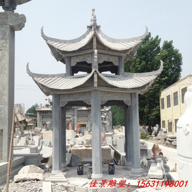 青石仿古六角单层公园休息石亭子 (4)