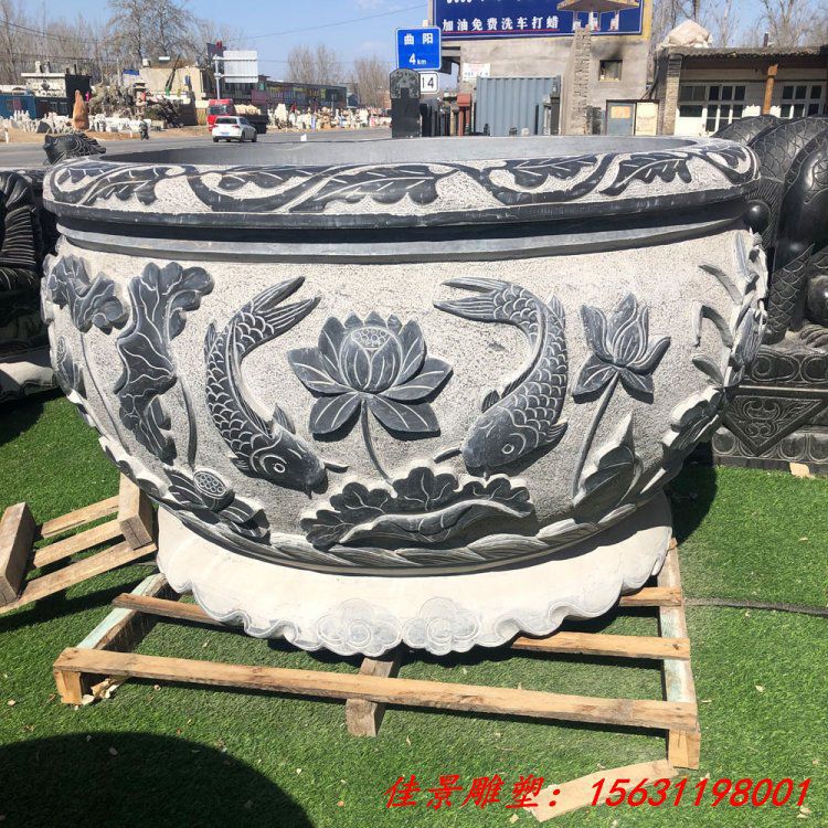 青石做旧荷花鱼缸雕塑仿古石雕水缸景观摆件 (3)