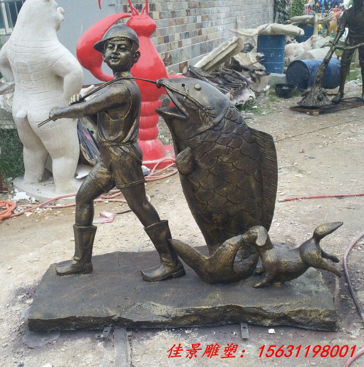 人物雕塑现货玻璃钢民俗风情鱼文化仿铜雕像园林景观 (1)