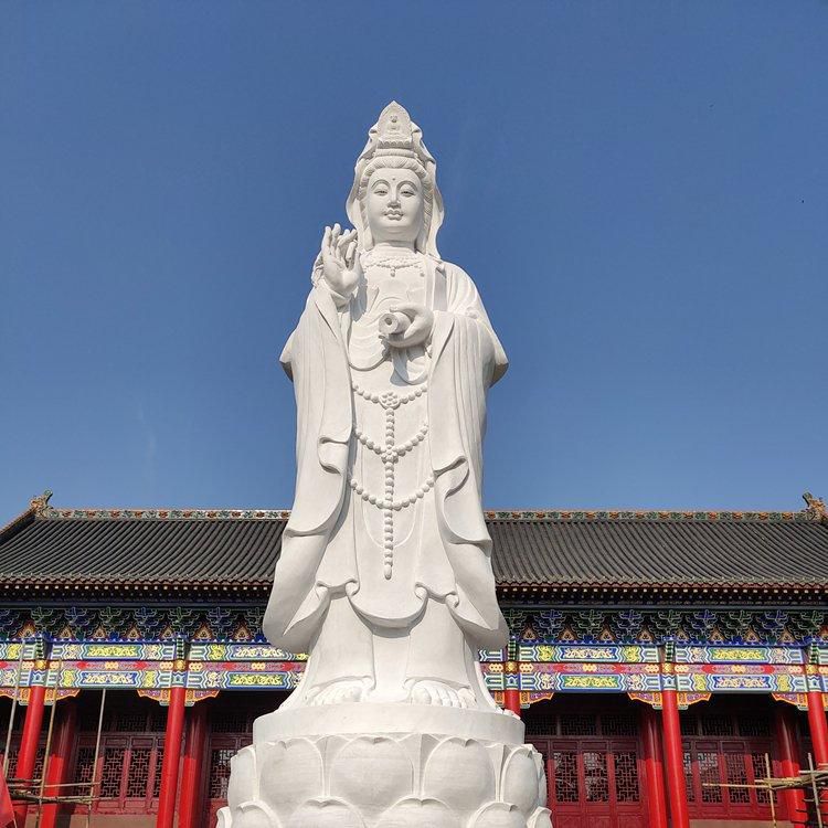 大型汉白玉四面观音菩萨佛像镇宅供奉三面石雕杨柳滴水观音站像 (2)