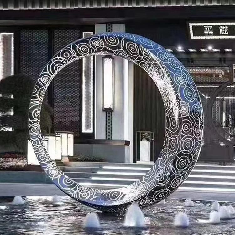 不锈钢镜面圆环雕塑水景发光指环摆件带灯景观月亮镂空雕塑可定制 (5)