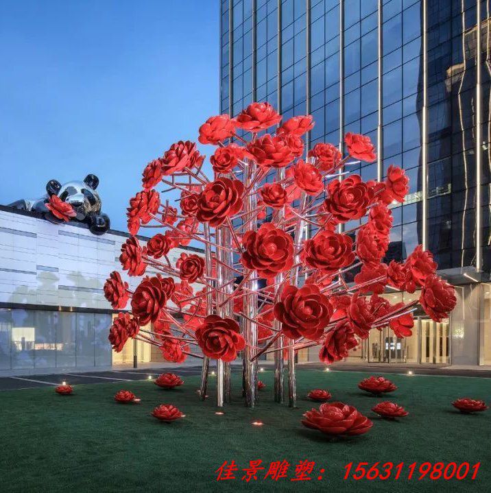 大型现代不锈钢玫瑰花树雕塑