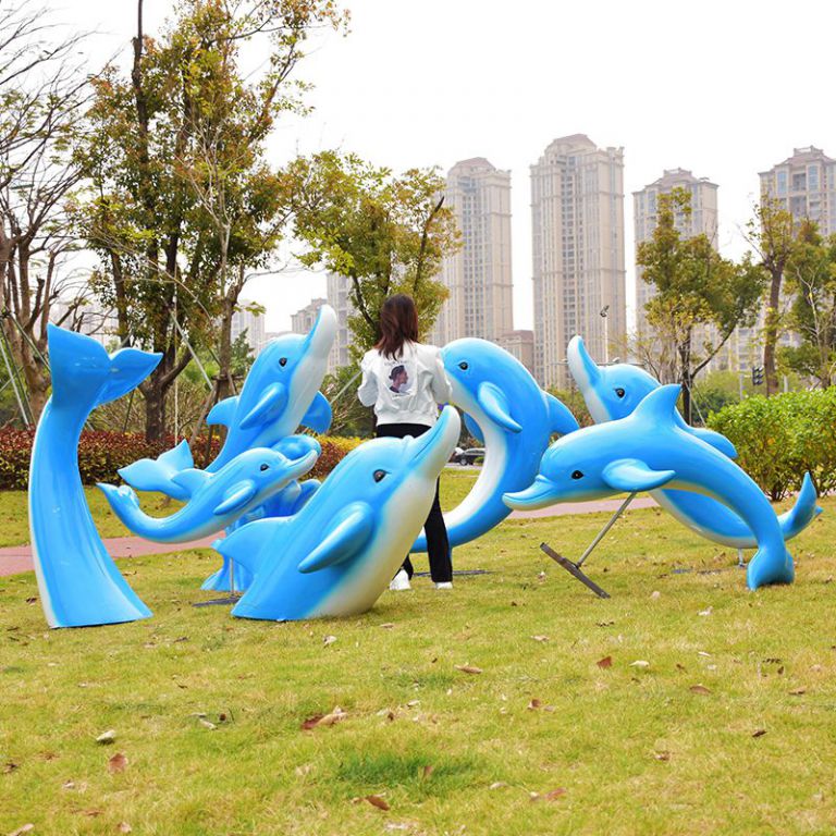 彩绘海豚不锈钢商场雕塑