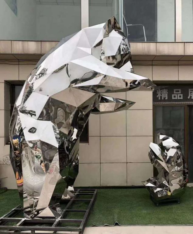 几何熊猫不锈钢动物雕塑
