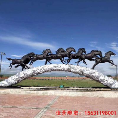 玻璃钢仿铜八骏马奔腾雕塑