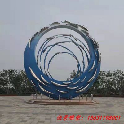 不锈钢抽象圆环鱼群雕塑