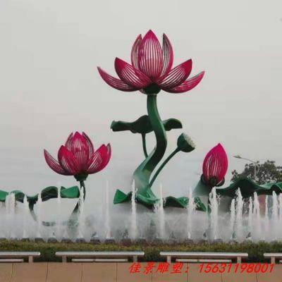 大型不锈钢水景植物彩色荷花雕塑