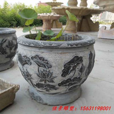 仿古荷花浮雕石雕水缸