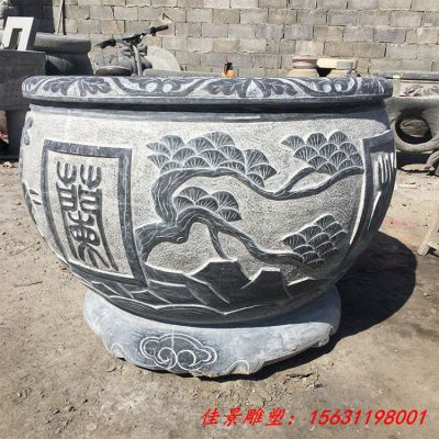 圆形水缸石雕青石仿古鱼缸雕塑