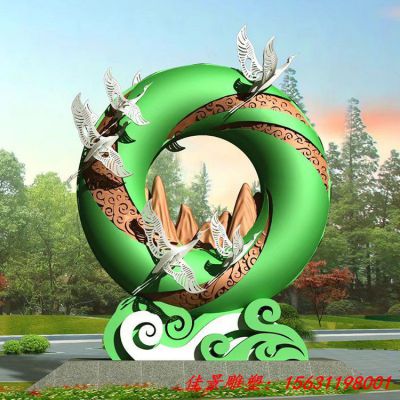 不锈钢圆环仙鹤雕塑