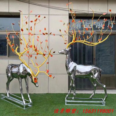 不锈钢金属镜面树枝梅花鹿雕塑