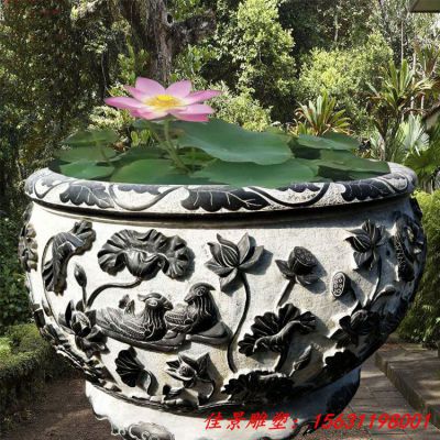 荷花石浮雕鱼缸青石仿古水缸雕塑