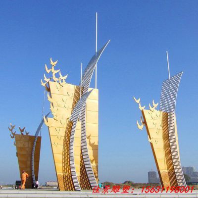 广场大型不锈钢帆船雕塑