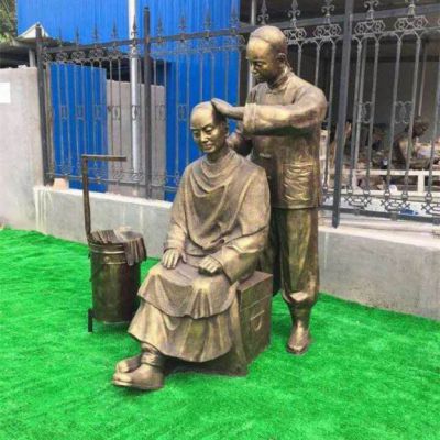 民俗小品剃头人物铜雕