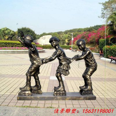 小孩玩轮滑雕塑  童趣人物雕塑
